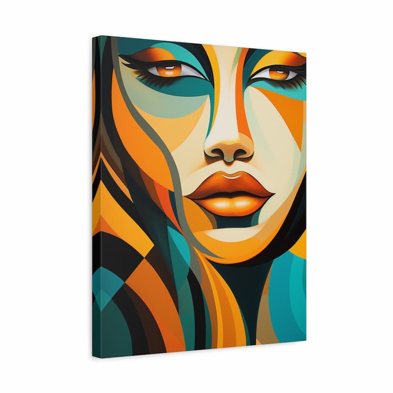 A square canvas wall art print featuring a stylized, geometric portrait of a woman's face in bold orange, teal, cream, black, and brown tones, shown at a slight angle against a plain white background.