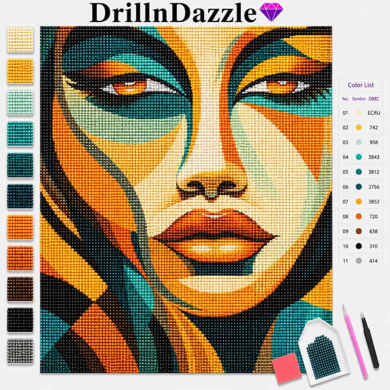 A colorful diamond painting canvas featuring a stylized female face, shown with the DrillnDazzle brand name at the top, a vertical color list on the left, a color list on the right, and small painting tools at the bottom right.