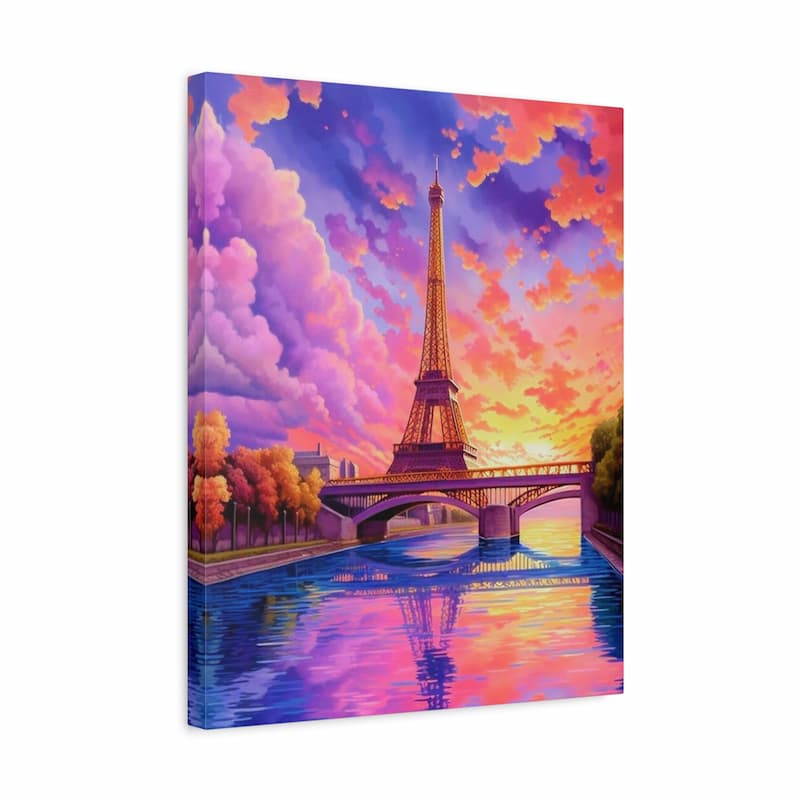 A square canvas wall art print depicting a colorful Paris sunset scene with the Eiffel Tower, bridge, river reflection, and dramatic pink, purple, orange, and blue clouds.
