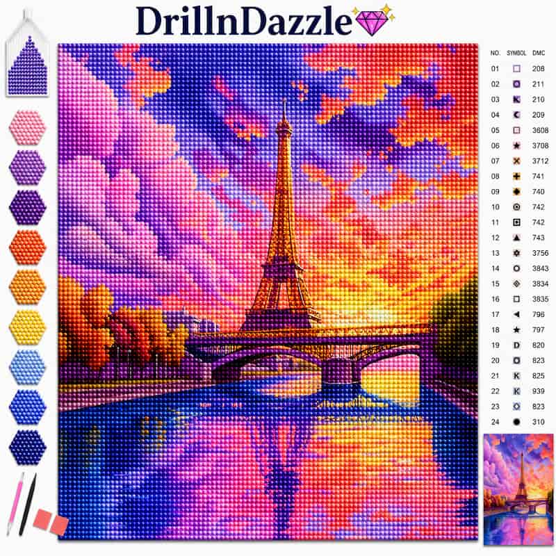 A colorful diamond painting style art kit cover showing a Paris Eiffel Tower scene with a bright sunset sky, river reflection, and a color palette strip on the left. The brand name DrillnDazzle appears at the top with a small swatch chart and instruction-style swatches on the right.