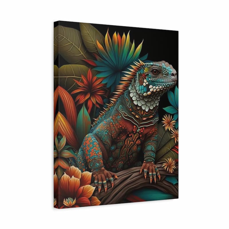 A vertical canvas wall art print featuring a highly detailed, colorful painted iguana surrounded by tropical flowers and leaves on a black background, shown at a slight angle against a white studio backdrop.
