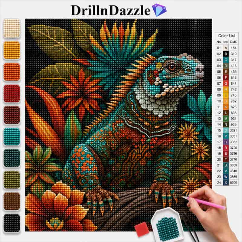 A colorful diamond painting or cross-stitch style artwork featuring a detailed iguana surrounded by tropical leaves and flowers on a black grid canvas. The image includes a color list chart on the right and a vertical row of color swatches on the left.