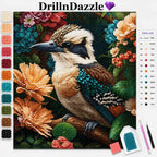 DrillInDazzle diamond painting kit featuring a kookaburra surrounded by colorful flowers, with a color list, swatches, and tools shown on a white background.