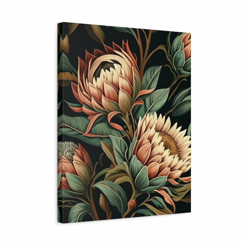 A vertical canvas wall art print featuring a botanical illustration of large cream and peach flowers with green leaves on a very dark background, shown at a slight angle against a plain white backdrop.