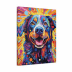 A colorful canvas wall art print featuring a stylized, vibrant portrait of a dog with blue, purple, orange, yellow, and pink tones on a white background.