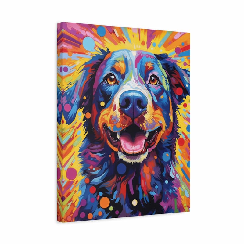 A colorful canvas wall art print featuring a stylized, vibrant portrait of a dog with blue, purple, orange, yellow, and pink tones on a white background.