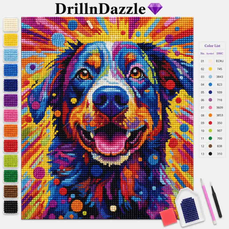 Colorful diamond painting kit featuring a vibrant pixelated portrait of a dog, with a color list chart, paint palette, and tools on a white background. The brand name DrillnDazzle is displayed at the top.
