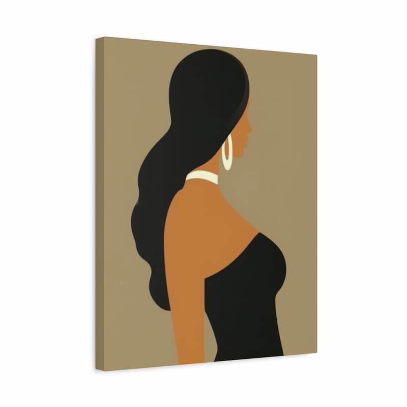 A minimalist canvas wall art print featuring a stylized side profile of a woman with long black hair, warm brown skin, a black strapless top, and white hoop earrings against a taupe background.