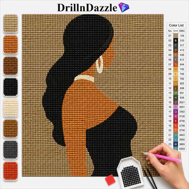 A diamond painting kit design featuring a woman's silhouette with long black hair, wearing a black top and white hoop earrings, on a tan grid canvas. The image includes a color list on the right and color swatches on the left, with a hand holding a pink pen working on the canvas.