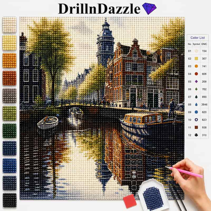 DrillnDazzle diamond painting kit showing a completed Amsterdam canal scene with a color list chart on the right and a hand holding a pink pencil pointing to the canvas.