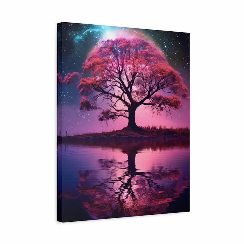 A vertical canvas wall art print showing a surreal scene of a large tree with pink foliage standing on a small island, with its reflection in calm water under a starry purple and pink sky.