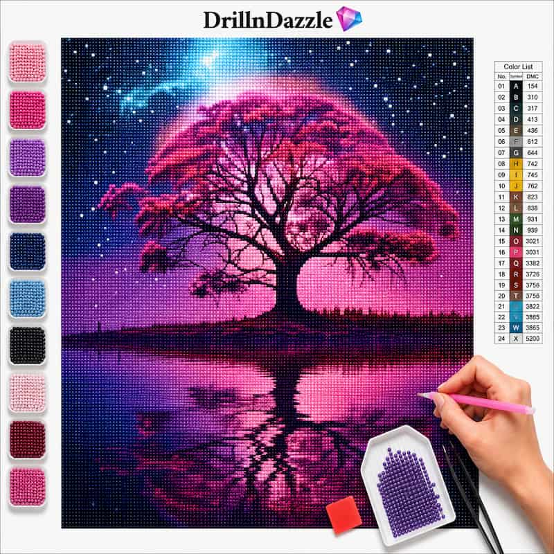 A diamond painting kit display featuring a completed fantasy tree-of-life canvas artwork in pink, purple, and blue tones, with a hand holding a pink pen tool at the lower right. The left side shows rows of color beads, and the top displays the brand name DrillnDazzle with a color chart on the right.