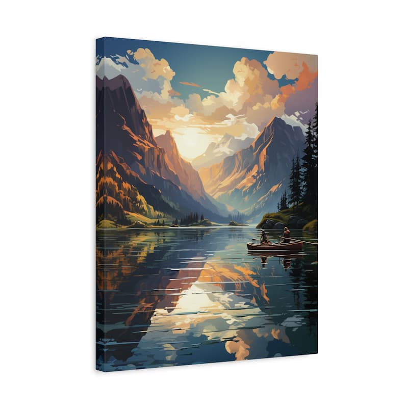 A vertical canvas wall art print depicting a scenic mountain lake at sunset, with a small rowboat on the water and dramatic clouds reflected in the lake. The canvas is shown at a slight angle against a plain white background.