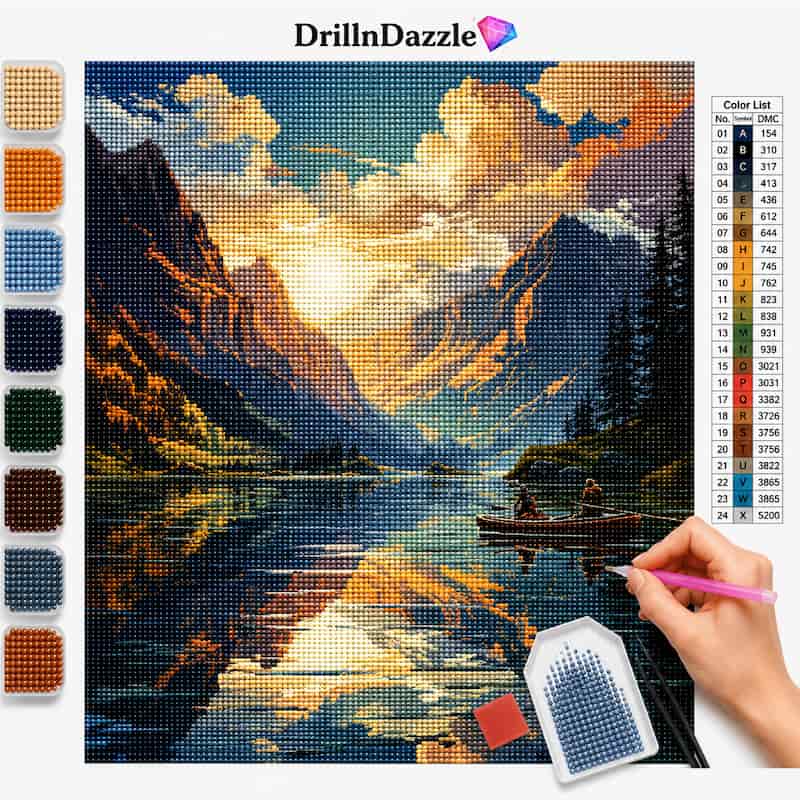 A diamond painting kit preview showing a completed mountain lake landscape with a small boat, alongside a color list, swatches, a pink-handled tool, and a small tray of blue beads. The brand name DrillnDazzle appears at the top.