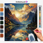 A diamond painting kit preview showing a completed mountain lake landscape with a small boat, alongside a color list, swatches, a pink-handled tool, and a small tray of blue beads. The brand name DrillnDazzle appears at the top.