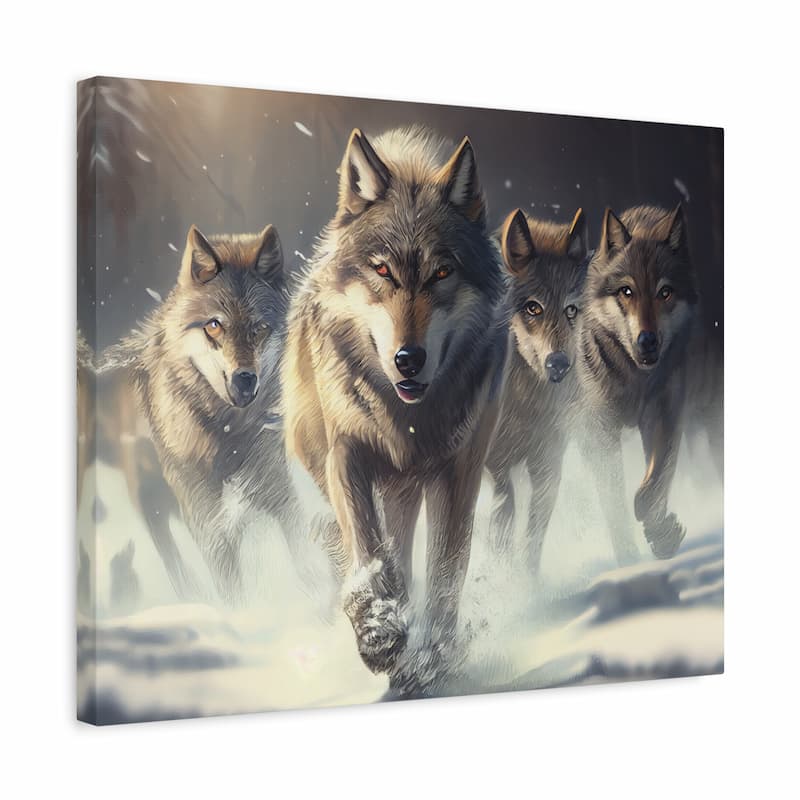 A rectangular wall art canvas showing a pack of four wolves running through deep snow, photographed against a plain white background. The artwork itself is the product, so the depicted wolf colors count as product colors rather than treating the scene as background.