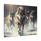 A rectangular wall art canvas showing a pack of four wolves running through deep snow, photographed against a plain white background. The artwork itself is the product, so the depicted wolf colors count as product colors rather than treating the scene as background.