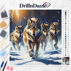 DrillnDazzle diamond painting kit featuring a printed design of four wolves running through snow, with color beads, tools, and a color chart displayed on a white marble background.