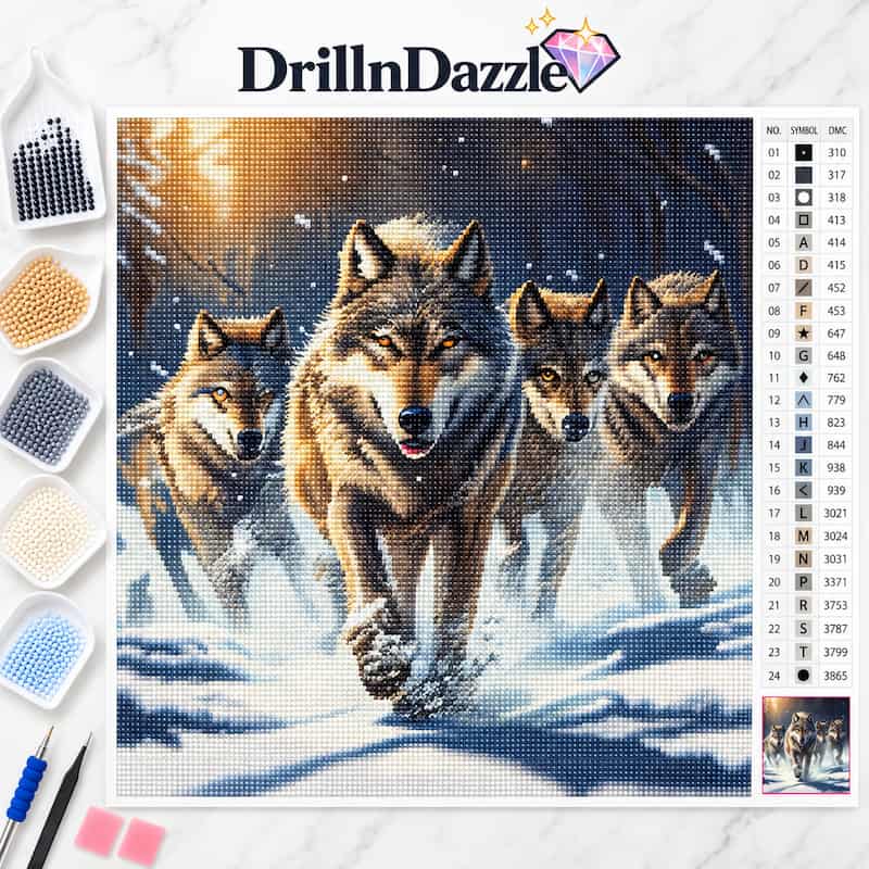 DrillnDazzle diamond painting kit featuring a printed design of four wolves running through snow, with color beads, tools, and a color chart displayed on a white marble background.