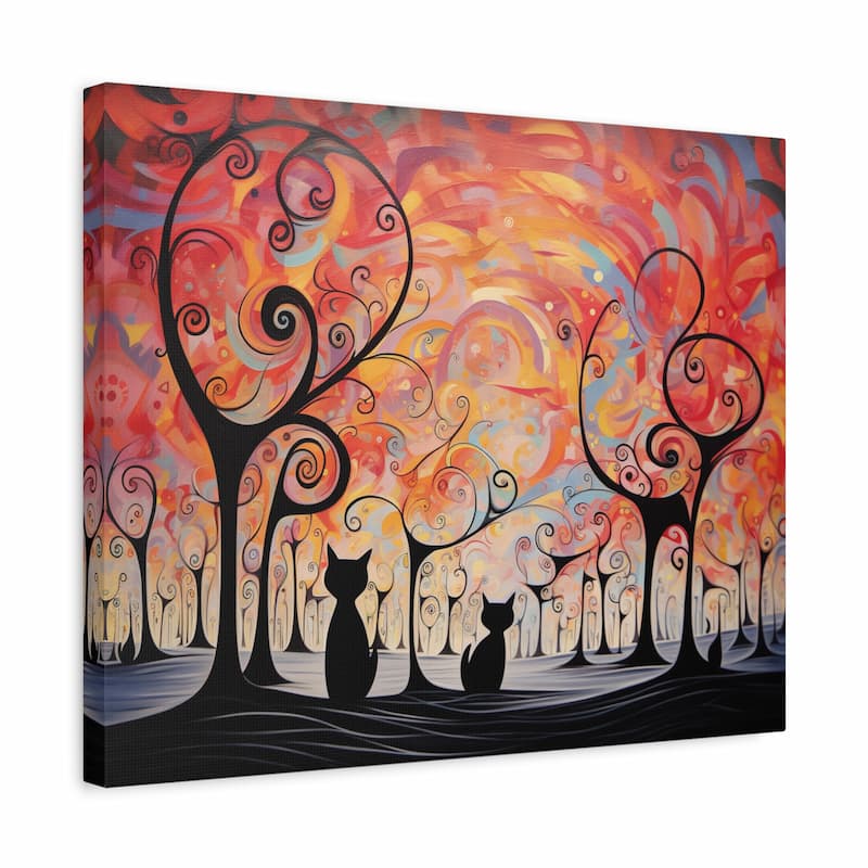 A square canvas wall art print featuring an abstract landscape with swirling orange, red, yellow, and pink sky, black stylized trees, and black cat silhouettes along the bottom, shown at a slight angle on a white background.