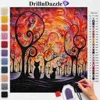 A diamond painting or cross-stitch style art kit showing a colorful forest scene with black tree silhouettes and cat figures, alongside a color list chart, swatches, and a hand holding a needle.