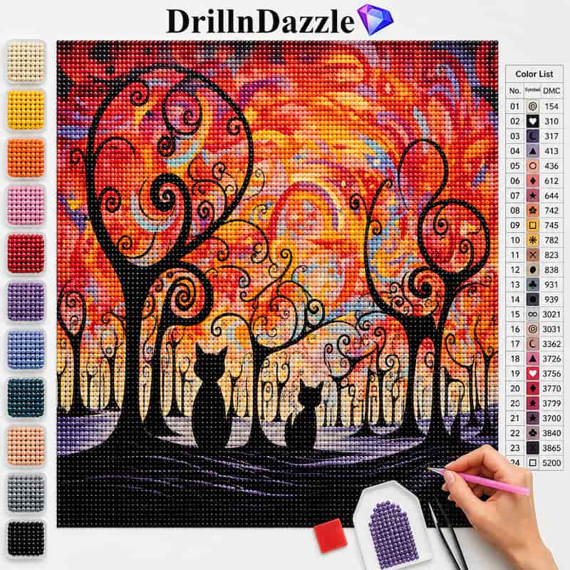 A diamond painting or cross-stitch style art kit showing a colorful forest scene with black tree silhouettes and cat figures, alongside a color list chart, swatches, and a hand holding a needle.