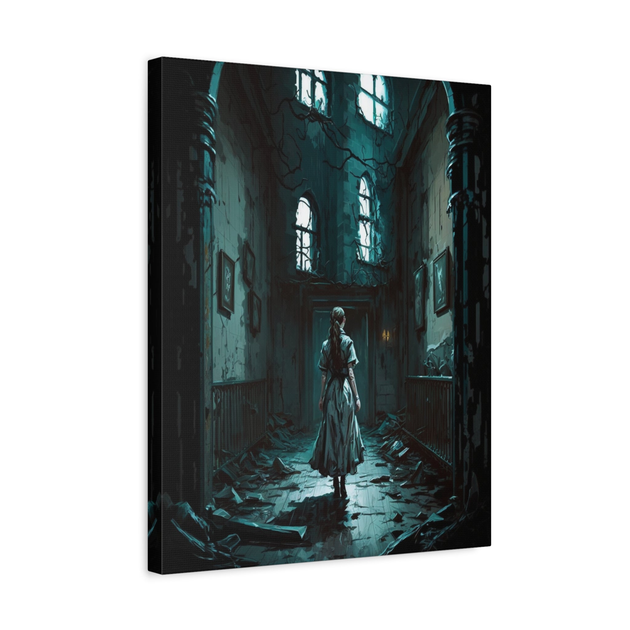 A square gallery-wrapped canvas print featuring a dark, moody fantasy illustration of a woman standing in a ruined cathedral hall, shown at a slight angle against a plain white background.