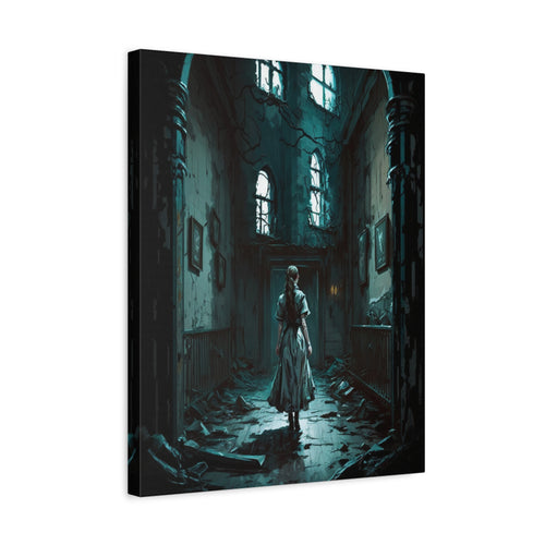 A square gallery-wrapped canvas print featuring a dark, moody fantasy illustration of a woman standing in a ruined cathedral hall, shown at a slight angle against a plain white background.