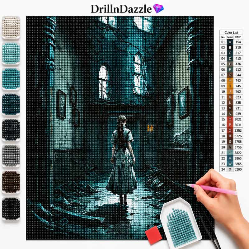 A diamond painting or cross-stitch style art kit preview showing a dark teal and black illustrated scene of a woman walking through a ruined interior. The image includes a color chart on the right, a vertical row of color swatches on the left, a DrillnDazzle logo at the top, and a hand holding a pink stylus over a paint palette at the bottom right.