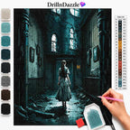 A diamond painting or cross-stitch style art kit preview showing a dark teal and black illustrated scene of a woman walking through a ruined interior. The image includes a color chart on the right, a vertical row of color swatches on the left, a DrillnDazzle logo at the top, and a hand holding a pink stylus over a paint palette at the bottom right.