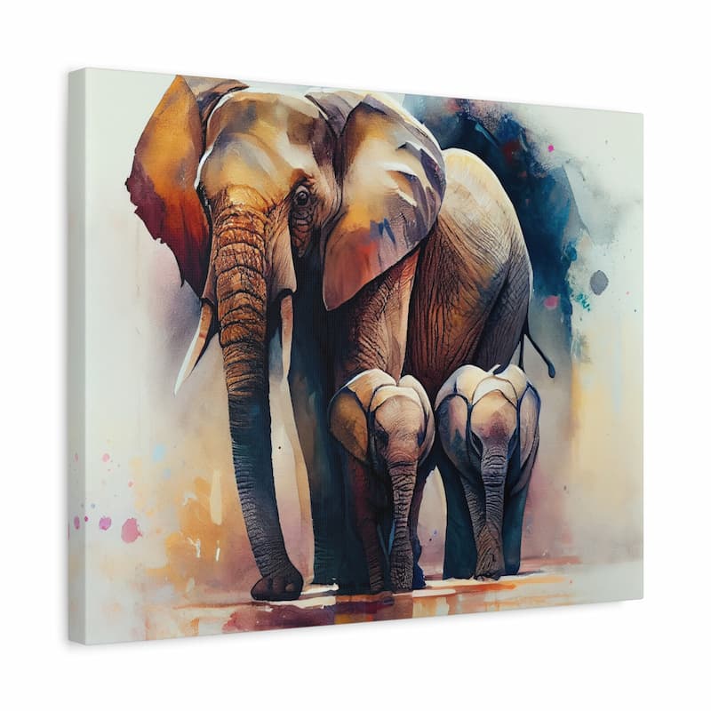 Watercolor-style wall art showing a mother elephant with two calves, presented as a gallery-wrapped canvas against a plain white background.
