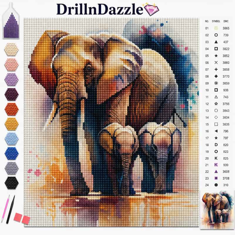 DrillnDazzle diamond painting canvas featuring an artistic depiction of an elephant and two calves, with a color chart and included tools shown on the left and right sides.