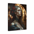 A vertical canvas wall art print featuring a gothic fantasy portrait of a pale woman with long dark hair, red roses, a black ruffled collar, and a dark bird on her shoulder, shown against a plain white background.