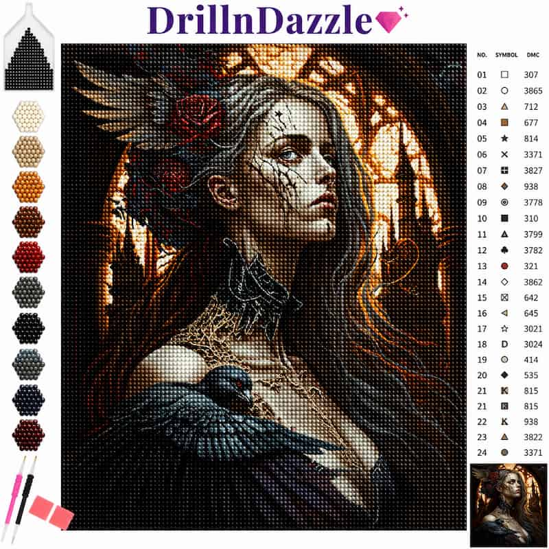 A diamond painting craft kit cover showing a gothic woman portrait artwork with a raven, plus a color palette strip and a symbol reference chart. The brand name DrillnDazzle appears at the top.