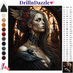 A diamond painting craft kit cover showing a gothic woman portrait artwork with a raven, plus a color palette strip and a symbol reference chart. The brand name DrillnDazzle appears at the top.