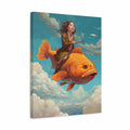 A square canvas wall art print showing a surreal scene of a woman riding a large orange fish through blue sky with white clouds. The canvas is photographed at a slight angle against a clean white background.