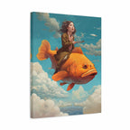 A square canvas wall art print showing a surreal scene of a woman riding a large orange fish through blue sky with white clouds. The canvas is photographed at a slight angle against a clean white background.