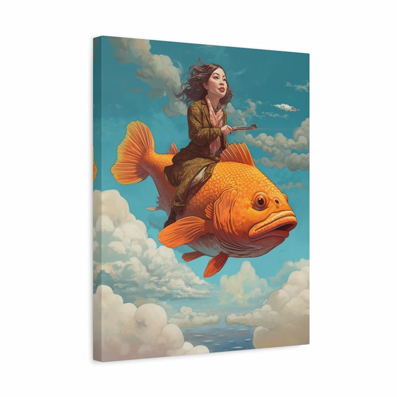 A square canvas wall art print showing a surreal scene of a woman riding a large orange fish through blue sky with white clouds. The canvas is photographed at a slight angle against a clean white background.