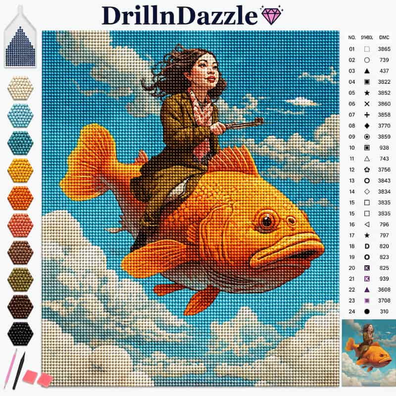 A diamond painting craft kit cover showing a painted scene of a woman riding a large orange fish through clouds, with the brand name DrillnDazzle at the top and a color/material reference chart on the left and right sides.