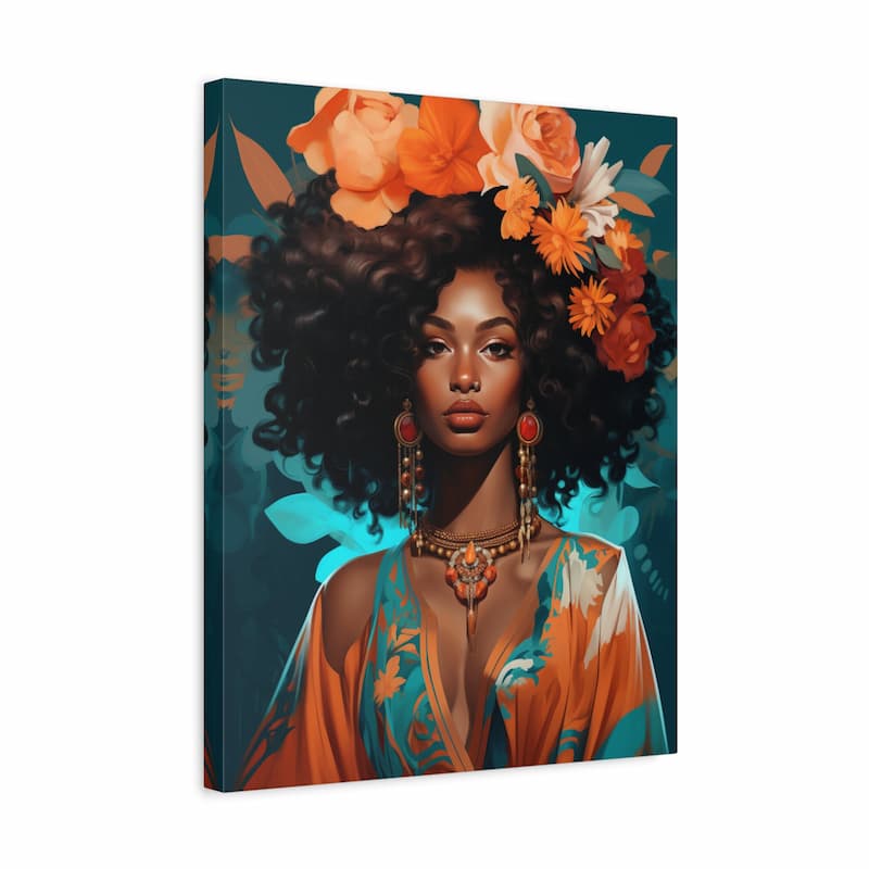 A vertical canvas wall art print featuring a stylized portrait of a woman with voluminous dark curly hair adorned with large orange and white flowers, wearing a teal and orange patterned garment with gold jewelry, shown against a plain white background.