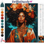A diamond painting art kit preview showing a stylized portrait of a woman with large floral hair accessories, turquoise background, and a color chart on the left and right. The brand name DrillnDazzle appears at the top.