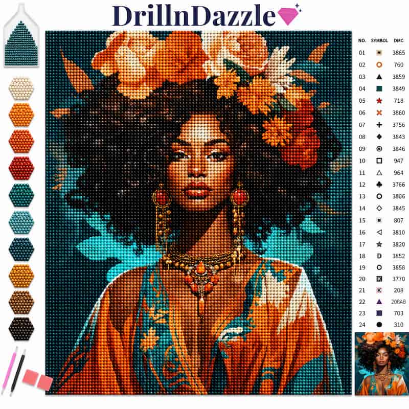 A diamond painting art kit preview showing a stylized portrait of a woman with large floral hair accessories, turquoise background, and a color chart on the left and right. The brand name DrillnDazzle appears at the top.