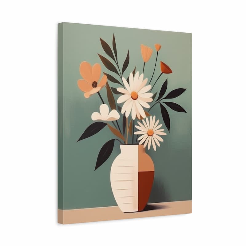 A vertical canvas wall art print featuring a stylized floral bouquet in a vase. The artwork has a muted sage green background, white and peach flowers, dark olive leaves, and a cream-and-brown vase, shown as a gallery-wrapped canvas against a plain white background.