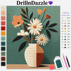 A diamond painting kit design featuring a floral bouquet in a vase on a teal grid canvas, with the DrillnDazzle brand name at the top, a color list chart on the right, and small included tools shown at the bottom right.