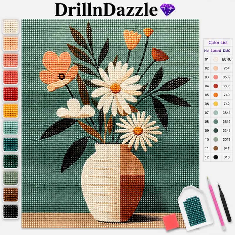 A diamond painting kit design featuring a floral bouquet in a vase on a teal grid canvas, with the DrillnDazzle brand name at the top, a color list chart on the right, and small included tools shown at the bottom right.