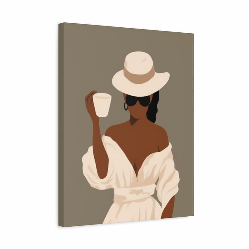 A vertical canvas wall art print featuring a stylized illustration of a woman in a cream hat and dress holding a cup against a taupe background.