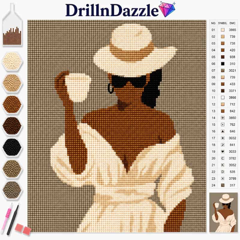 A diamond painting or cross-stitch style craft kit cover showing a woman in a white hat and dress holding a cup, with the brand name DrillnDazzle at the top. The left side shows color beads/pastels, and the right side shows a numbered color chart.