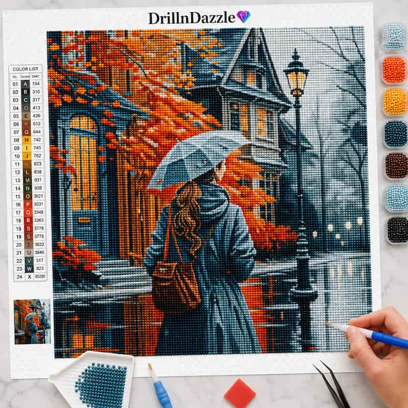 A diamond painting kit sheet showing an autumn street scene with a woman under a gray umbrella, surrounded by a color list, bead containers, tools, and a hand holding a paint pen. The brand name DrillnDazzle is visible at the top.