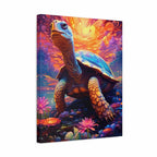 A colorful fantasy canvas wall art print showing a stylized turtle in a glowing pond with pink flowers and a vivid sunset sky, photographed against a plain white background.