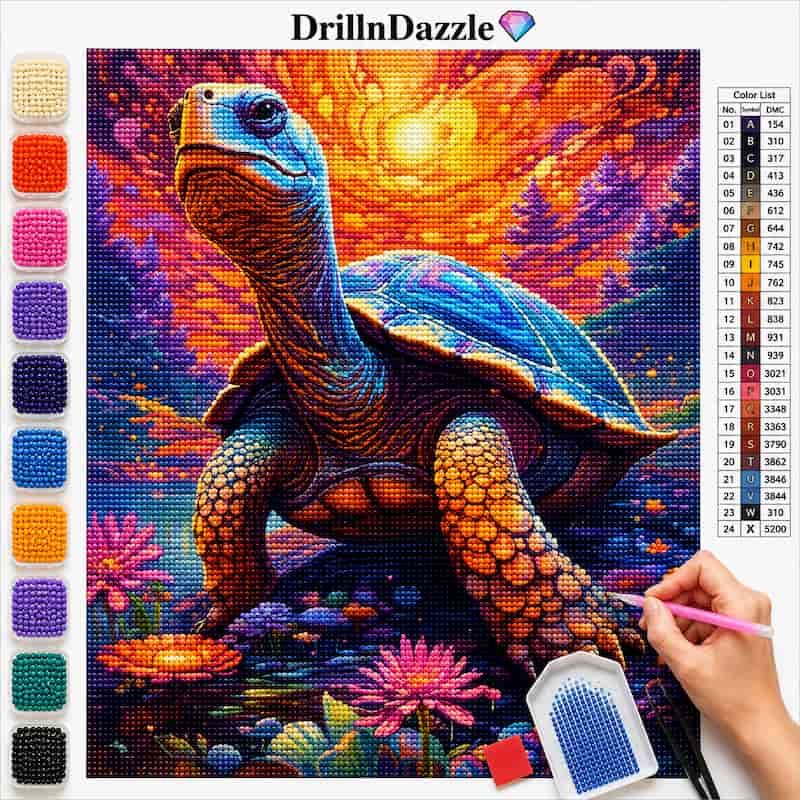 A colorful diamond painting or bead art kit showing a painted turtle scene with a color list chart, bead swatches on the left, and a hand holding a paint brush at the bottom right.